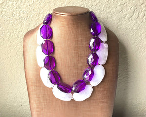 White Purple Necklace, multi strand jewelry, big beaded chunky statement necklace, purple necklace, bridesmaid necklace, bib necklace