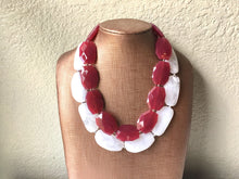 Load image into Gallery viewer, Maroon &amp; White Necklace, multi strand jewelry, big beaded chunky statement necklace, red necklace, bridesmaid necklace, bib necklace, red