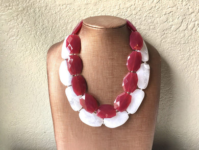 Maroon & White Necklace, multi strand jewelry, big beaded chunky statement necklace, red necklace, bridesmaid necklace, bib necklace, red