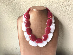 Maroon & White Necklace, multi strand jewelry, big beaded chunky statement necklace, red necklace, bridesmaid necklace, bib necklace, red