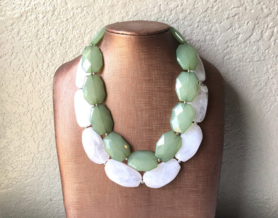 Green & White Necklace, multi strand jewelry, big beaded chunky statement necklace, green necklace, bridesmaid necklace, bib necklace, green