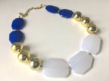 Load image into Gallery viewer, Blue White &amp; Gold Big Bead Necklace, Statement Jewelry, white blue gold Chunky bib, bridesmaids necklace, wedding necklace, bridal necklace