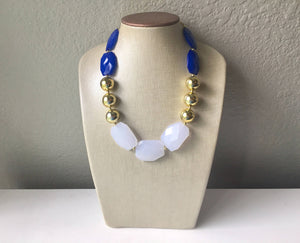 Blue White & Gold Big Bead Necklace, Statement Jewelry, white blue gold Chunky bib, bridesmaids necklace, wedding necklace, bridal necklace