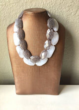 Load image into Gallery viewer, Gray &amp; White Necklace, multi strand jewelry, big beaded chunky statement necklace, gray necklace, bridesmaid necklace, bib necklace, gray