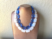 Load image into Gallery viewer, Blue &amp; White Necklace, multi strand jewelry, big beaded chunky statement necklace, blue necklace, bridesmaid necklace, bib necklace, white