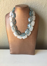 Load image into Gallery viewer, Blue &amp; White Necklace, multi strand jewelry, big beaded chunky statement necklace, blue necklace, bridesmaid necklace, bib necklace, white