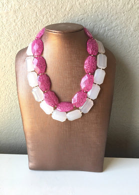 Pink & White Necklace, multi strand jewelry, big beaded chunky statement necklace, pink necklace, bridesmaid necklace, bib necklace, pink