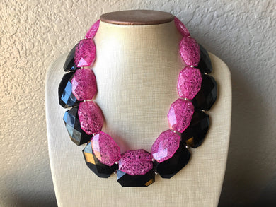 Black & Pink Necklace, multi strand jewelry, big beaded chunky statement necklace, pink necklace, bridesmaid necklace, bib necklace, black