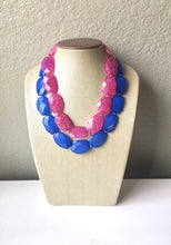 Load image into Gallery viewer, Blue &amp; Pink Necklace, multi strand jewelry, big beaded chunky statement necklace, blue necklace, bridesmaid necklace, bib necklace, pink