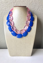 Load image into Gallery viewer, Blue &amp; Pink Necklace, multi strand jewelry, big beaded chunky statement necklace, blue necklace, bridesmaid necklace, bib necklace, pink