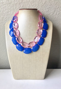 Blue & Pink Necklace, multi strand jewelry, big beaded chunky statement necklace, blue necklace, bridesmaid necklace, bib necklace, pink