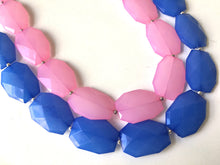 Load image into Gallery viewer, Blue &amp; Pink Necklace, multi strand jewelry, big beaded chunky statement necklace, blue necklace, bridesmaid necklace, gender reveal party