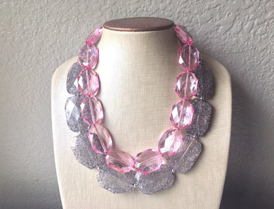 Pink & Gray Necklace, multi strand jewelry, big beaded chunky statement necklace, pink necklace, bridesmaid necklace, gray necklace