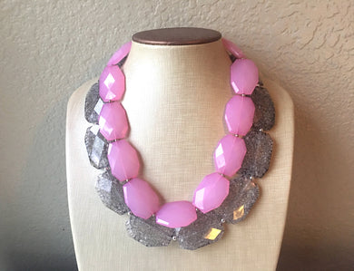 Pink & Gray Necklace, multi strand jewelry, big beaded chunky statement necklace, pink necklace, bridesmaid necklace, gray necklace