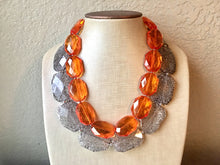 Load image into Gallery viewer, Orange &amp; Gray Necklace, multi strand jewelry, big beaded chunky statement necklace, orange necklace, bridesmaid necklace, gray necklace