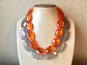 Orange & Gray Necklace, multi strand jewelry, big beaded chunky statement necklace, orange necklace, bridesmaid necklace, gray necklace