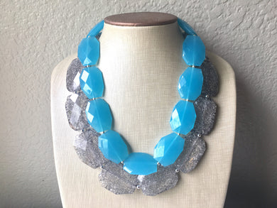 Teal & Gray Necklace, multi strand jewelry, big beaded chunky statement necklace, teal necklace, bridesmaid necklace, gray necklace