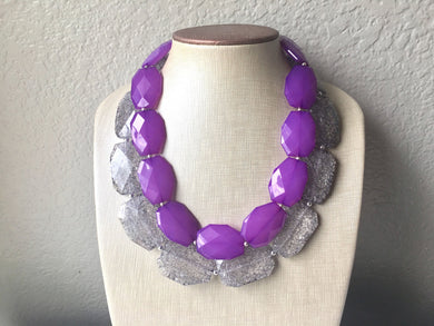 Purple & Gray Necklace, multi strand jewelry, big beaded chunky statement necklace, purple necklace, bridesmaid necklace, gray necklace
