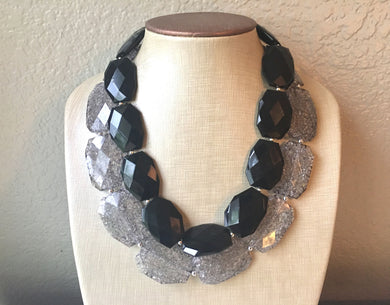 Black & Gray Necklace, multi strand jewelry, big beaded chunky statement necklace, black necklace, bridesmaid necklace, gray necklace
