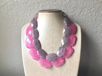 Pink & Gray Necklace, multi strand jewelry, big beaded chunky statement necklace, pink necklace, bridesmaid necklace, gray necklace