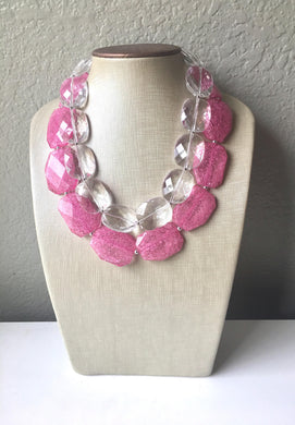 Pink & Clear Necklace, multi strand jewelry, big beaded chunky statement necklace, pink necklace, bridesmaid necklace, clear necklace