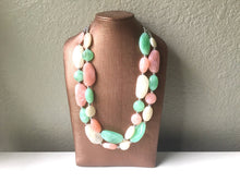 Load image into Gallery viewer, Long Peach Mint Cream Statement Necklace, Chunky Beaded Necklace, Mint Green Jewelry, long necklace, green Necklace, peach beaded jewelry