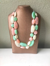 Load image into Gallery viewer, Long Peach Mint Cream Statement Necklace, Chunky Beaded Necklace, Mint Green Jewelry, long necklace, green Necklace, peach beaded jewelry