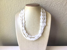 Load image into Gallery viewer, 3 Layer White statement necklace with silver accents, bib jewelry cloudy white necklace, white jewelry, white beaded necklace, chunky white