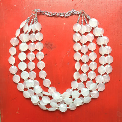 5 Layer White statement necklace with silver accents, bib jewelry cloudy white necklace, white jewelry, white beaded necklace, chunky white