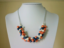 Load image into Gallery viewer, Orange, Blue, and White Pearl Cluster Necklace - Wedding or Gameday Jewelry