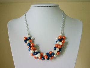 Orange, Blue, and White Pearl Cluster Necklace - Wedding or Gameday Jewelry