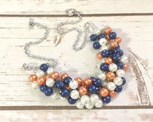 Load image into Gallery viewer, Orange, Blue, and White Pearl Cluster Necklace - Wedding or Gameday Jewelry