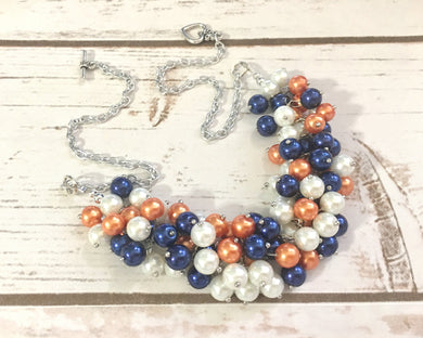 Orange, Blue, and White Pearl Cluster Necklace - Wedding or Gameday Jewelry