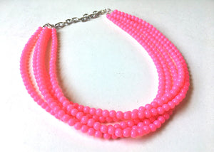 Multi Strand Neon Pink Necklace, Neon Pink jewelry, chunky pink necklace, statement neon pink necklace, bright pink jewelry, beaded necklace