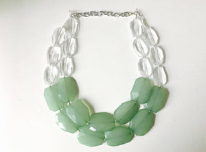 Clear & Mojito Green Statement Necklace, big Beaded Chunky Jewelry, Double Strand wedding everyday dress, green necklace, mint green jewelry