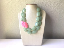 Load image into Gallery viewer, Cucumber Pink Statement Necklace, Multi-Strand, Double Layer Chunky Jewelry, pink green jewelry, beaded necklace, green necklace, Green pink