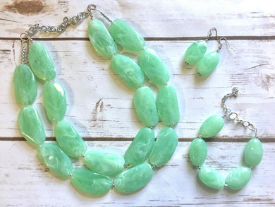 Big Bead Mint Jewelry Set, Necklace Double Strand Statement Jewelry, earrings bracelet, light green Chunky bib bridesmaid, bubble jewelry