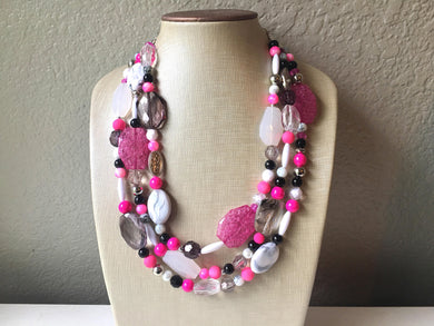 Pink Black & White Statement Necklace, Triple Strand Beaded Jewelry, black and white jewelry, bridsmaid wedding necklace, pink necklace