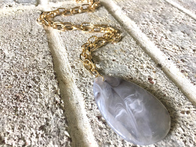 Gray Pendant Necklace, Your Choice Gold OR Silver Chain, Your choice of length, Long acrylic teardrop jewelry, ash gray necklace, gray jewel