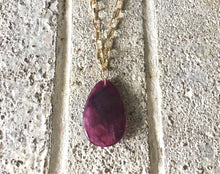 Load image into Gallery viewer, Eggplant purple Pendant Necklace, Your Choice Gold OR Silver Chain, You choose length, Long acrylic teardrop jewelry, dark purple necklace