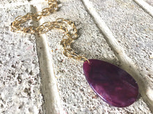 Load image into Gallery viewer, Eggplant purple Pendant Necklace, Your Choice Gold OR Silver Chain, You choose length, Long acrylic teardrop jewelry, dark purple necklace