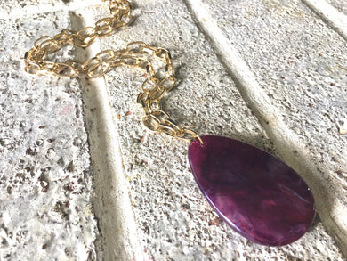 Eggplant purple Pendant Necklace, Your Choice Gold OR Silver Chain, You choose length, Long acrylic teardrop jewelry, dark purple necklace
