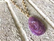 Load image into Gallery viewer, Purple Pendant Necklace, Your Choice Gold OR Silver Chain, You choose length, Long acrylic teardrop jewelry, purple necklace jewelry