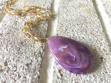 Load image into Gallery viewer, Purple Pendant Necklace, Your Choice Gold OR Silver Chain, You choose length, Long acrylic teardrop jewelry, purple necklace jewelry