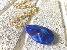 Load image into Gallery viewer, Royal Blue Pendant Necklace, Your Choice Gold OR Silver Chain, You choose length, Long acrylic teardrop jewelry, dark blue necklace jewelry