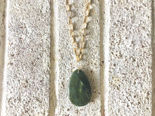 Load image into Gallery viewer, Olive Green Pendant Necklace, Your Choice Gold OR Silver Chain You choose length, Long acrylic teardrop jewelry, dark green necklace jewelry