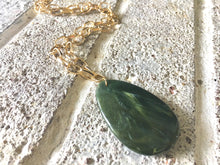 Load image into Gallery viewer, Olive Green Pendant Necklace, Your Choice Gold OR Silver Chain You choose length, Long acrylic teardrop jewelry, dark green necklace jewelry