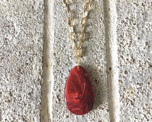 Red Pendant Necklace, Your Choice Gold OR Silver Chain, You choose length, Long acrylic teardrop jewelry, long chain red necklace jewelry