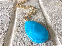 Load image into Gallery viewer, Aqua Blue Pendant Necklace, Your Choice Gold OR Silver Chain, You choose length, Long acrylic teardrop jewelry, light blue necklace jewelry