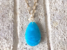 Load image into Gallery viewer, Aqua Blue Pendant Necklace, Your Choice Gold OR Silver Chain, You choose length, Long acrylic teardrop jewelry, light blue necklace jewelry